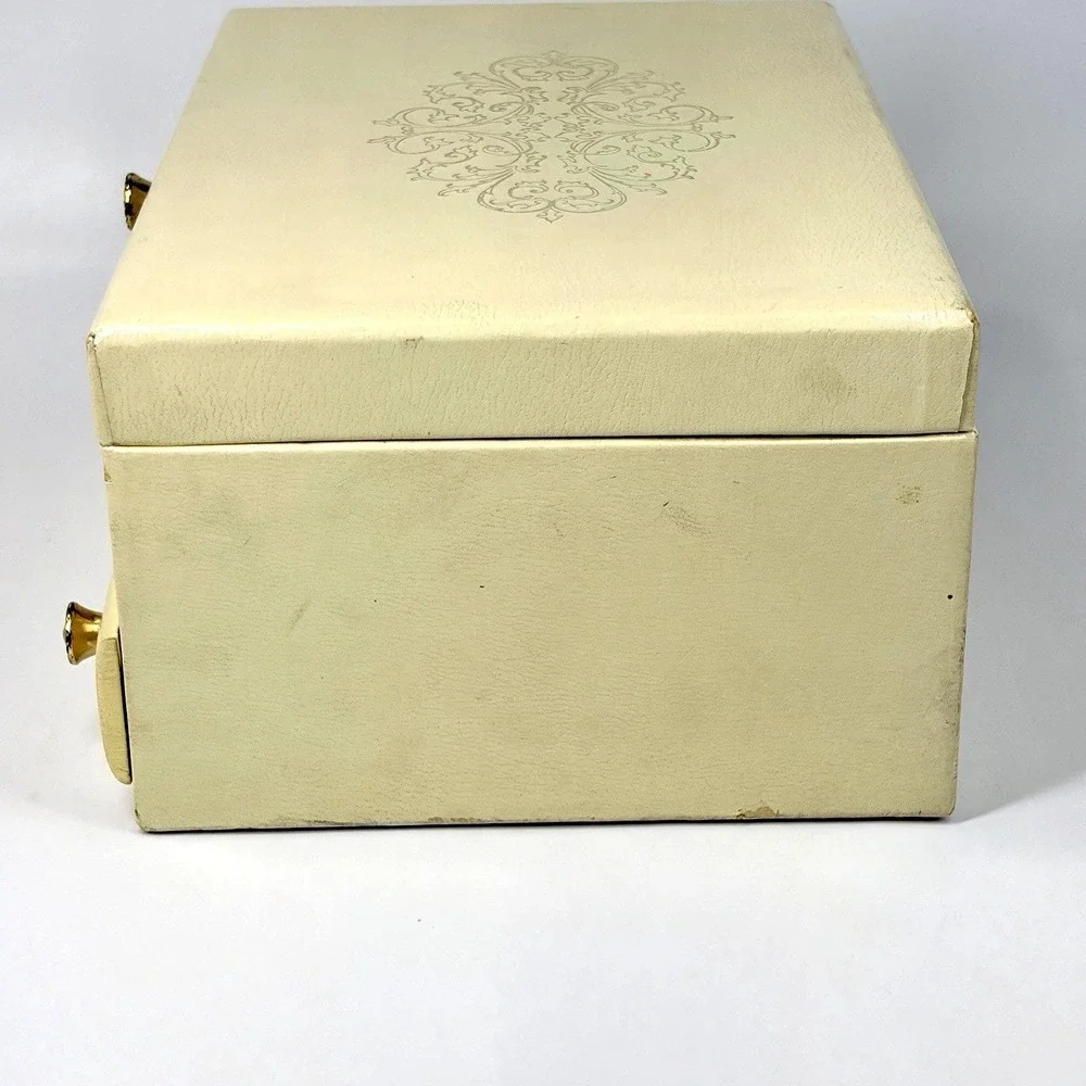 Vintage Jewelry Box Ivory Gold 3 Tier w/ Drawer Red Velvet Satin Lining 12x8